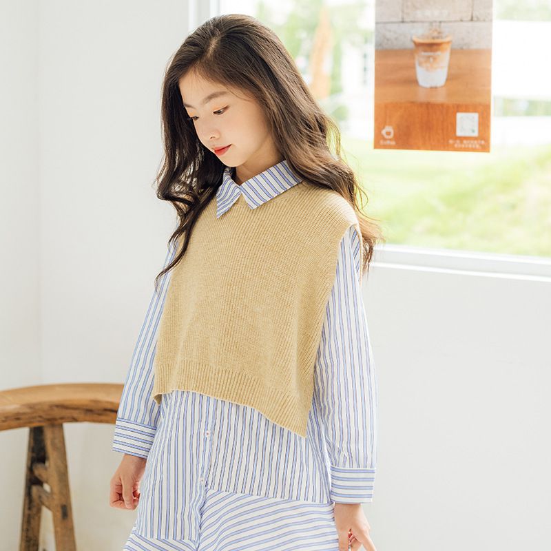 不對稱拼接直紋襯衫洋裝-藍直紋