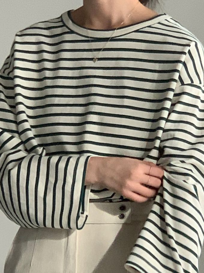 韓國女裝連線 - 不對稱後開衩條紋長袖上衣-墨綠 (FREE)