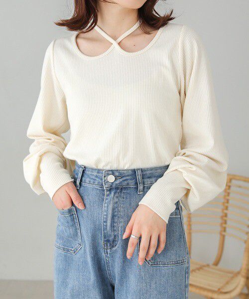 日本 Bab - 2WAY氣質綁帶羅紋泡泡袖上衣-米杏