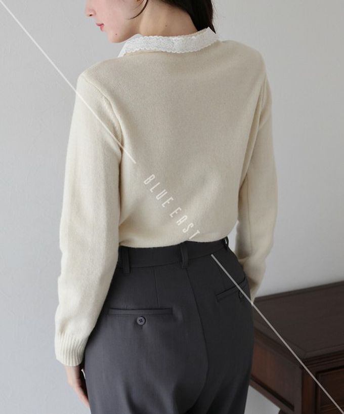 日本 BLUE EAST - 少女爛漫蕾絲蝴蝶結開襟衫-灰