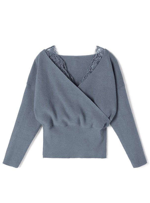 日本 GRL - 蕾絲V領縮腰針織上衣-可可棕