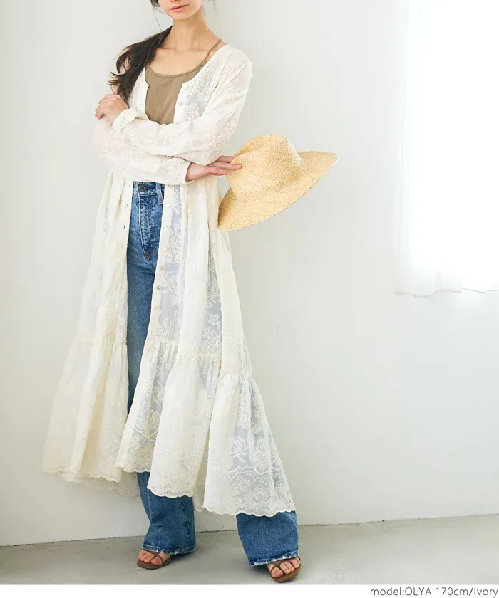 日本 COCA - V領花蕾絲透膚排扣罩衫/洋裝-米杏