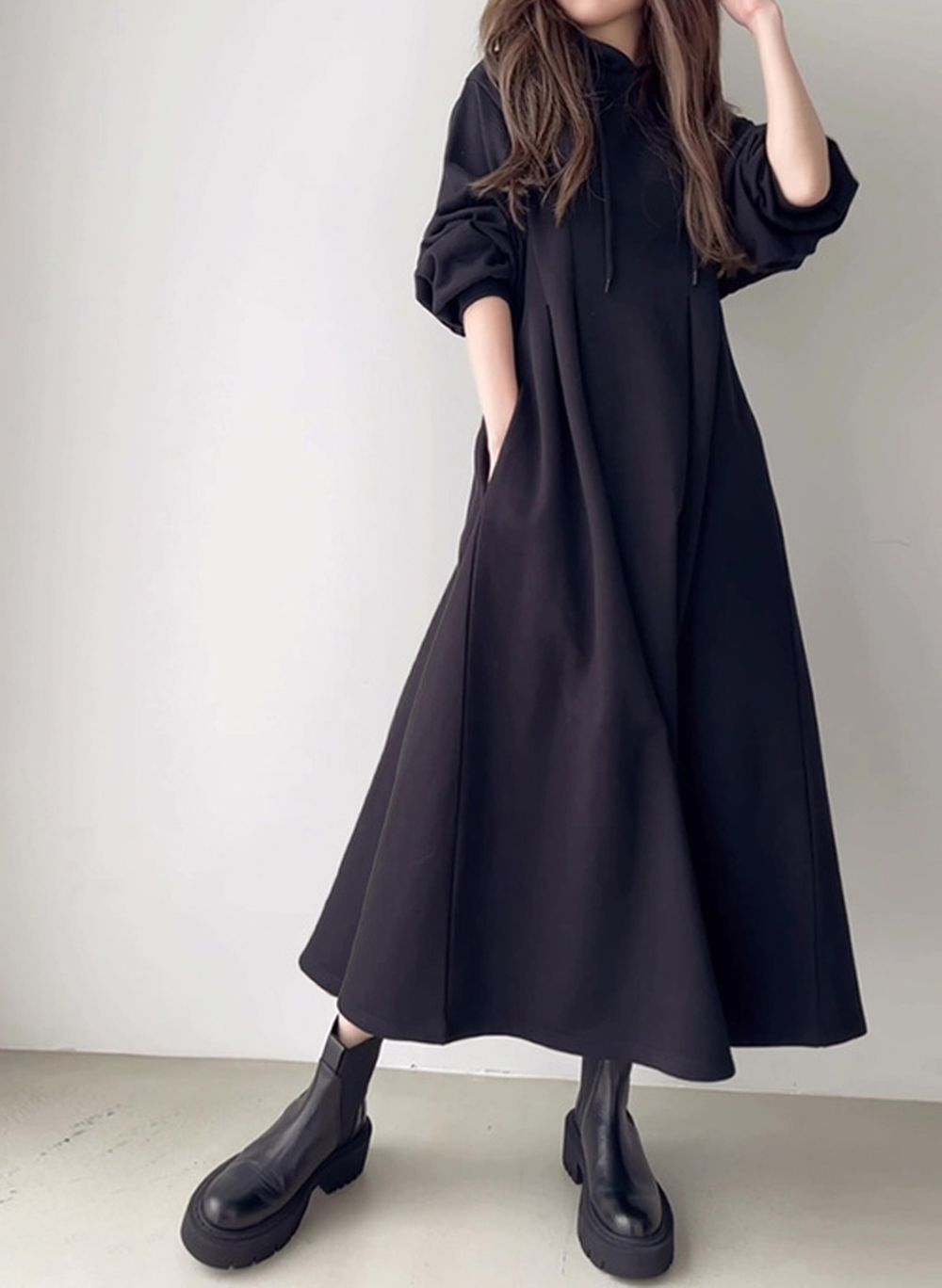 休閒感收腰連帽裏起毛長袖洋裝-黑 (F)