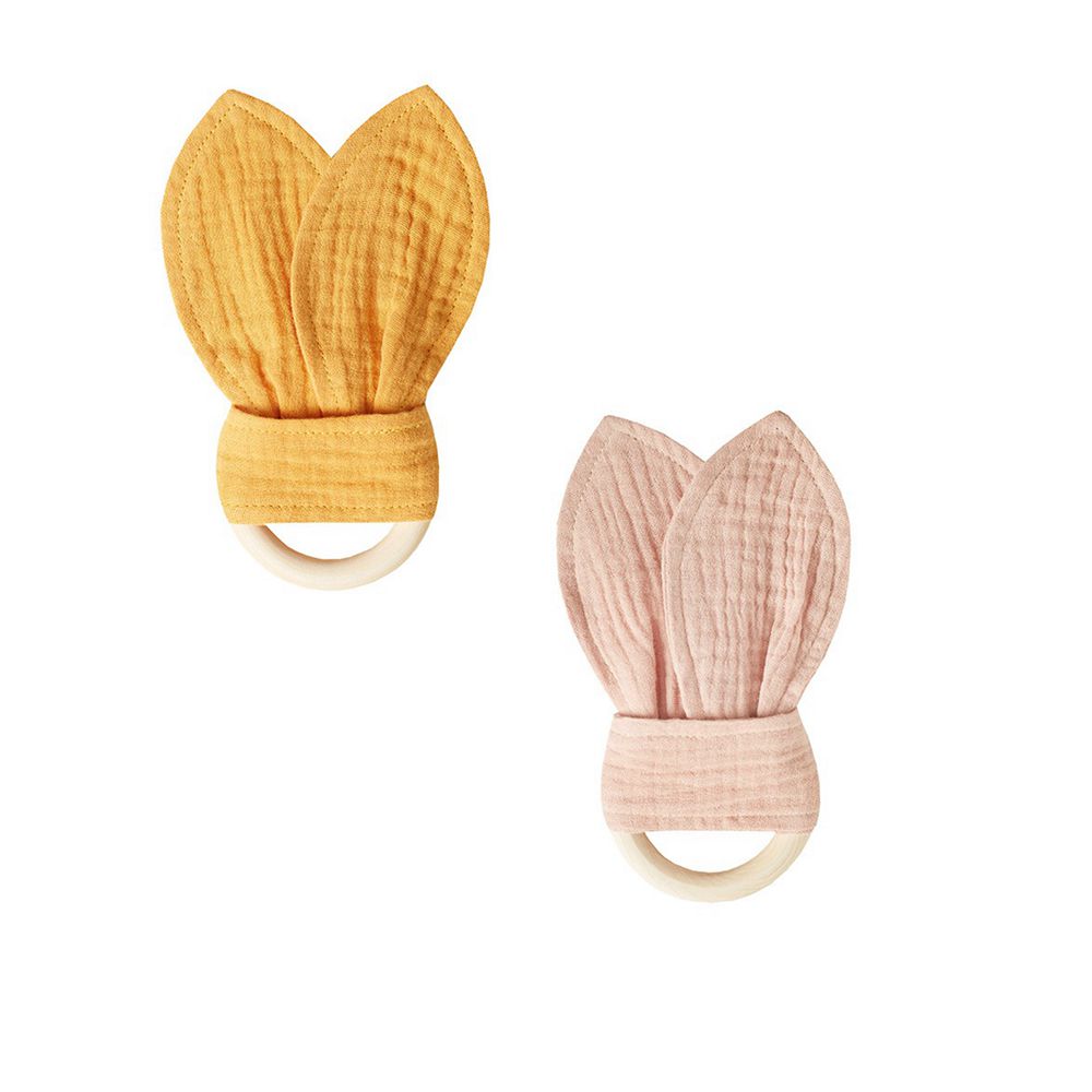 Vanibaby - 兔耳朵紗布磨牙圈 2入組-粉色+薑黃