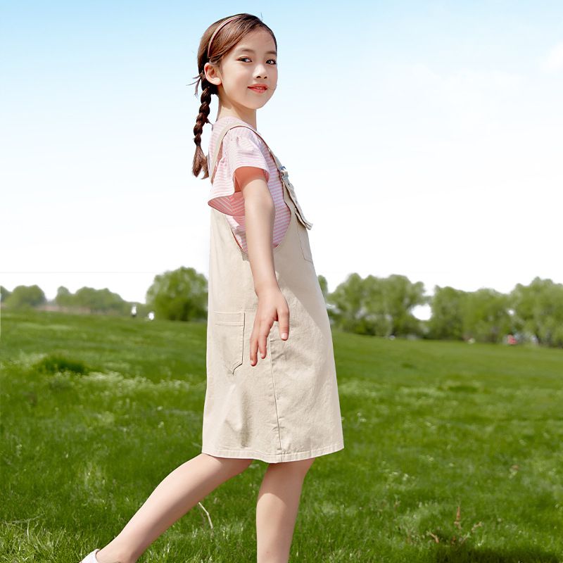 吊帶裙短袖套裝-條紋上衣+小口袋吊帶裙-黑+白+粉