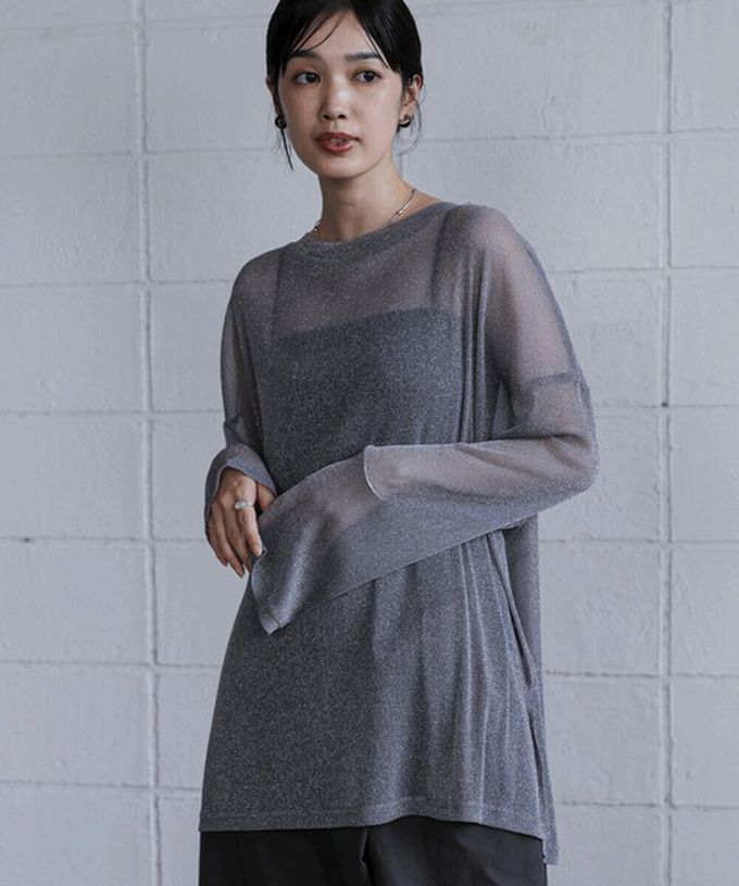 日本 Bab - 光澤閃耀透膚寬版長袖上衣-淺杏