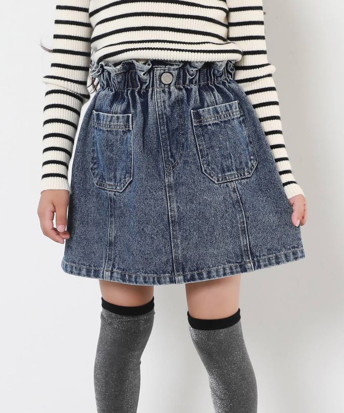 日本 devirock - 純棉舒適腰荷葉丹寧短裙-復古刷色-海軍藍