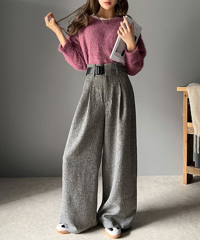 日本 Classical Elf - 腰帶造型粗花呢高腰美腿寬褲-淺杏