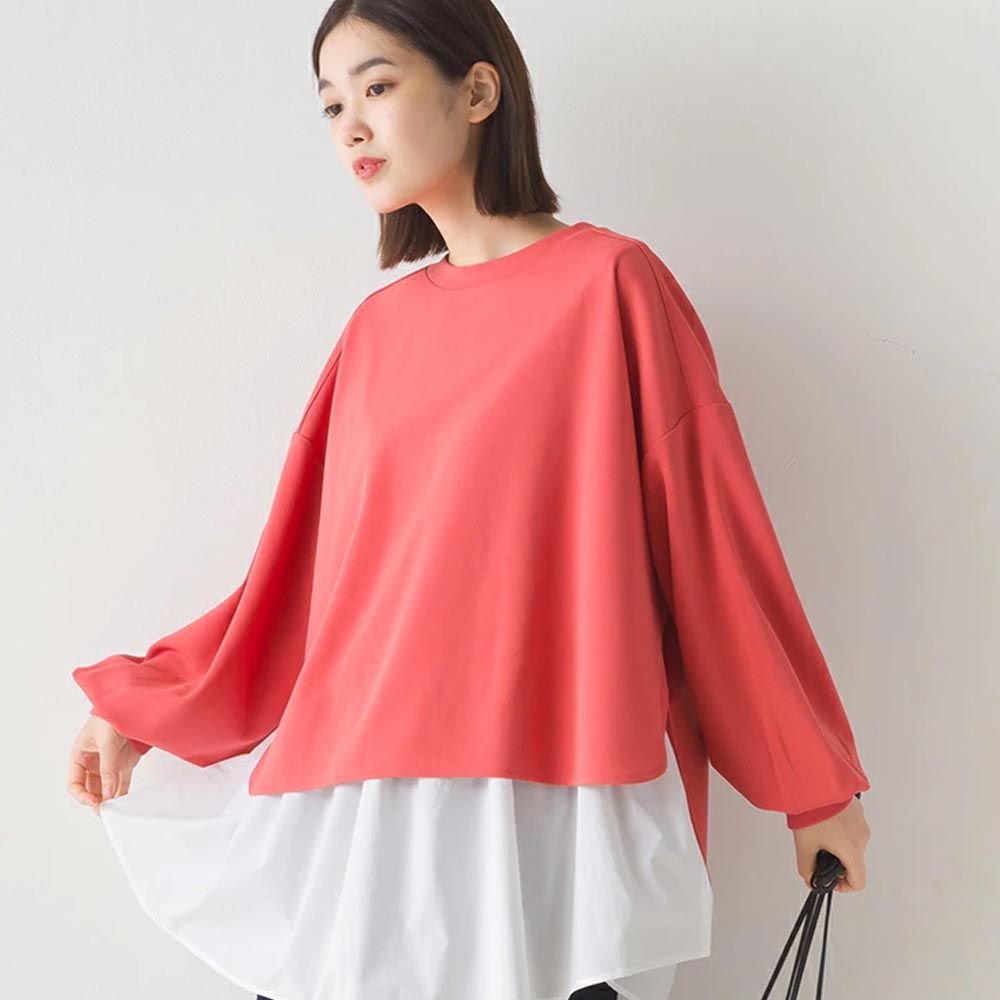 日本 OMNES - 修身兩件式裙擺長袖上衣-珊瑚粉