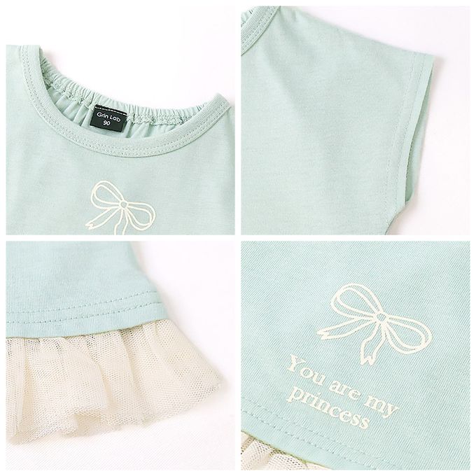 日本 ZOOLAND - 可愛女孩印花短袖上衣-蕾絲下擺-薄荷綠