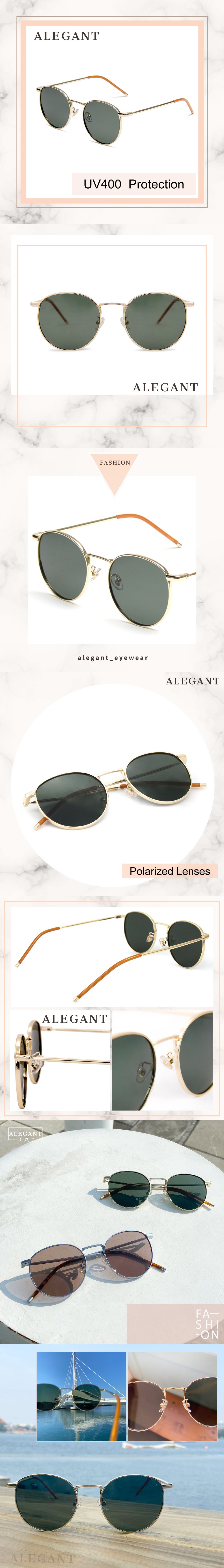 ALEGANT - 質感古著松葉綠金色圓框偏光墨鏡│UV400太陽眼鏡