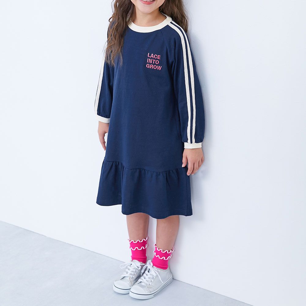 純棉運動風荷葉下擺長袖洋裝-海軍藍