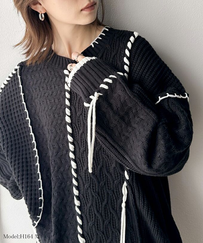 日本 Classical Elf - 2way跳色毛線編織寬鬆長版毛衣-黑