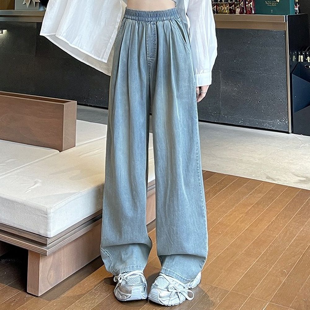 接觸涼感冰絲顯瘦直筒褲-丹寧藍