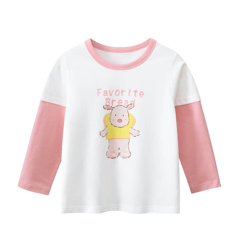 純棉假兩件長袖上衣-拼袖小豬-米白