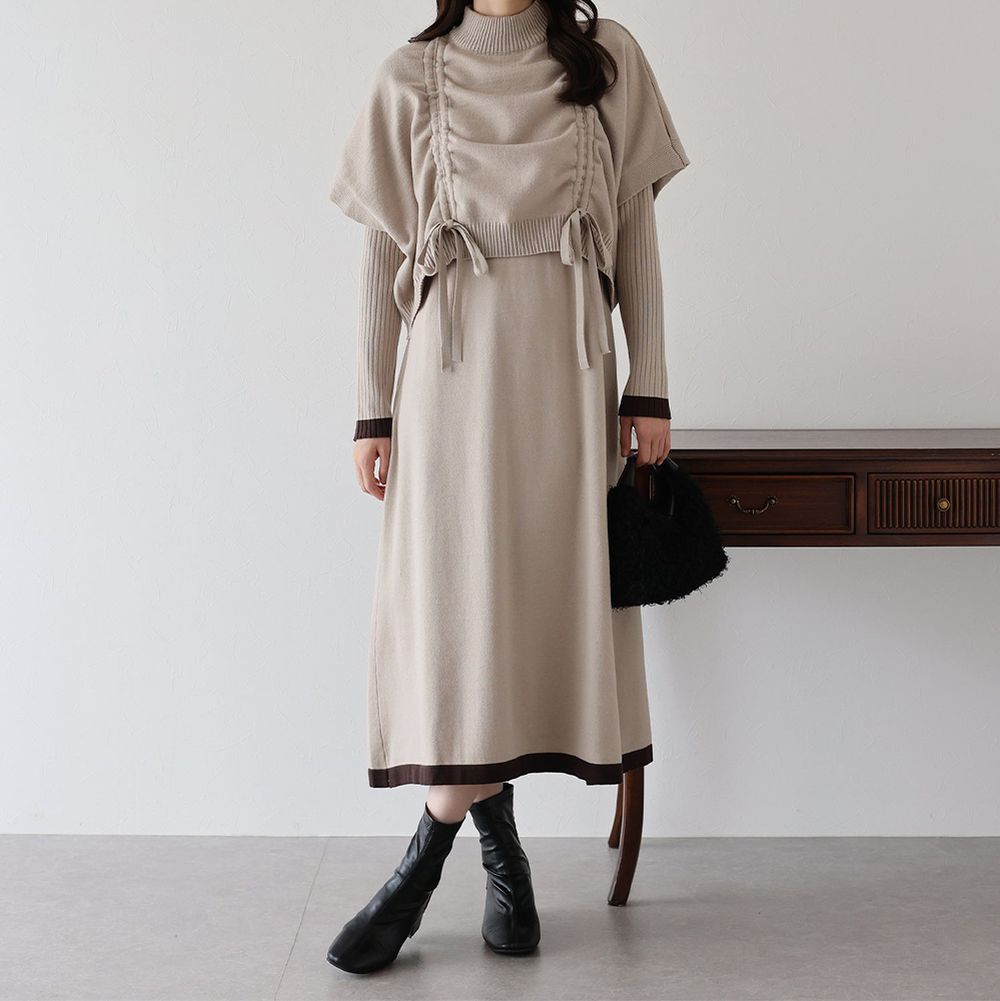 [經典款]氣質針織斗篷長袖洋裝2件組(皺褶款)-卡其米