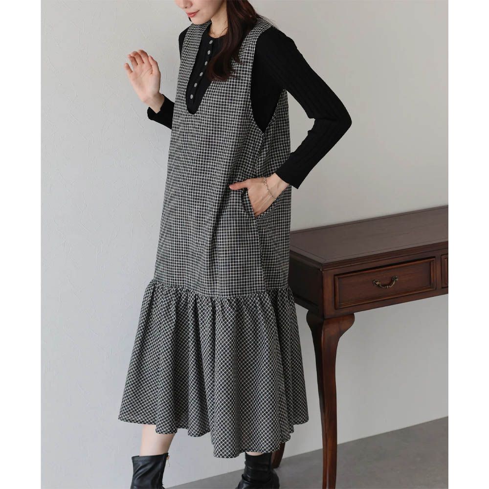 氣質英倫格紋深U領分層背心裙-黑白系