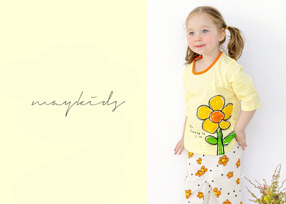 韓國 Maykids - 無螢光棉透氣七分袖家居服-塗鴉花花