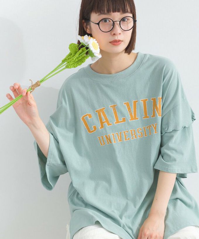 日本 Lupilien - 接觸冷感 學院風印花荷葉寬袖上衣-橘