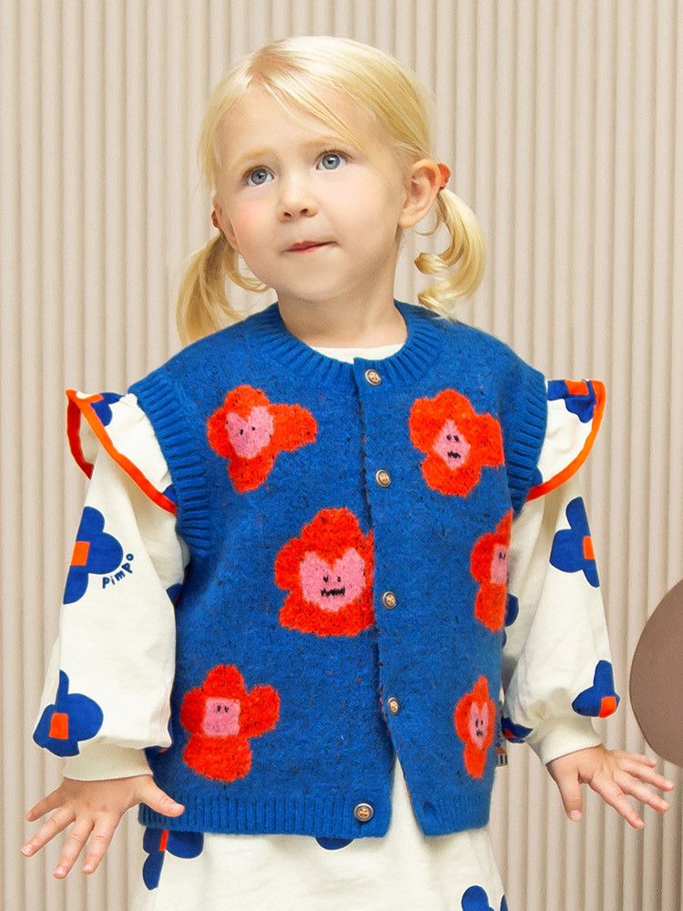 韓國Pimpollo - 愛心印花開衫針織背心-藍