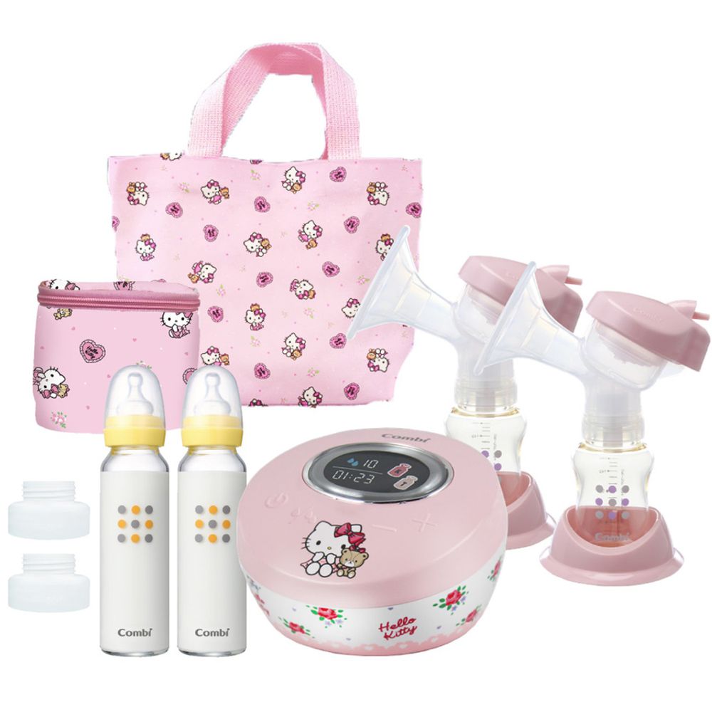日本 Combi - 自然吸韻雙邊電動吸乳器-Hello Kitty限量版 (雙邊吸乳器手提袋 + 吸乳器主機收納方包+Combi標準玻璃奶瓶T 240ml (黃)*2)-加贈 吸乳器寛口轉接環*2