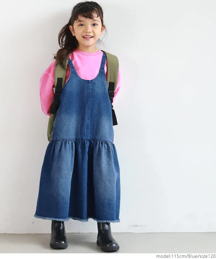 日本 COCA - 可愛U領丹寧吊帶裙-孩子-藍