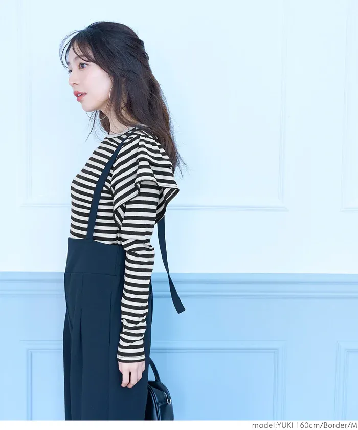 日本 COCA - 棉混透氣荷葉邊薄長袖上衣-黑