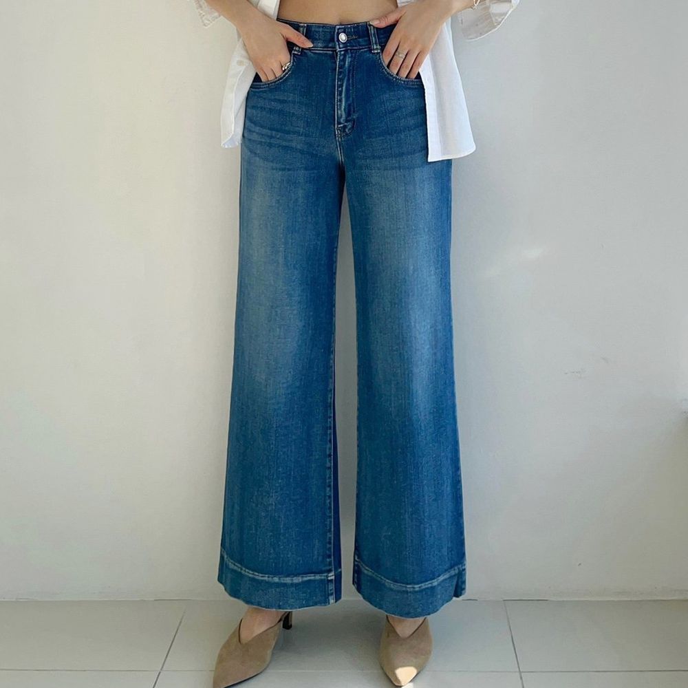 Howluk 彈性腰柔軟莫代爾丹寧寬褲-深藍