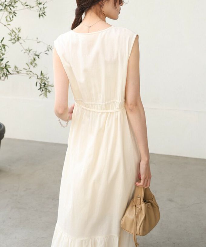 日本 Bab - 100%印度棉刺繡腰綁帶無袖洋裝-象牙