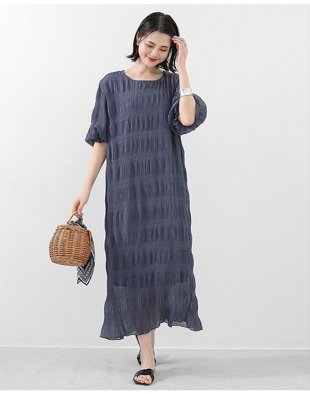 氣質滿分壓摺雪紡泡泡袖長洋裝-藍色 (F)