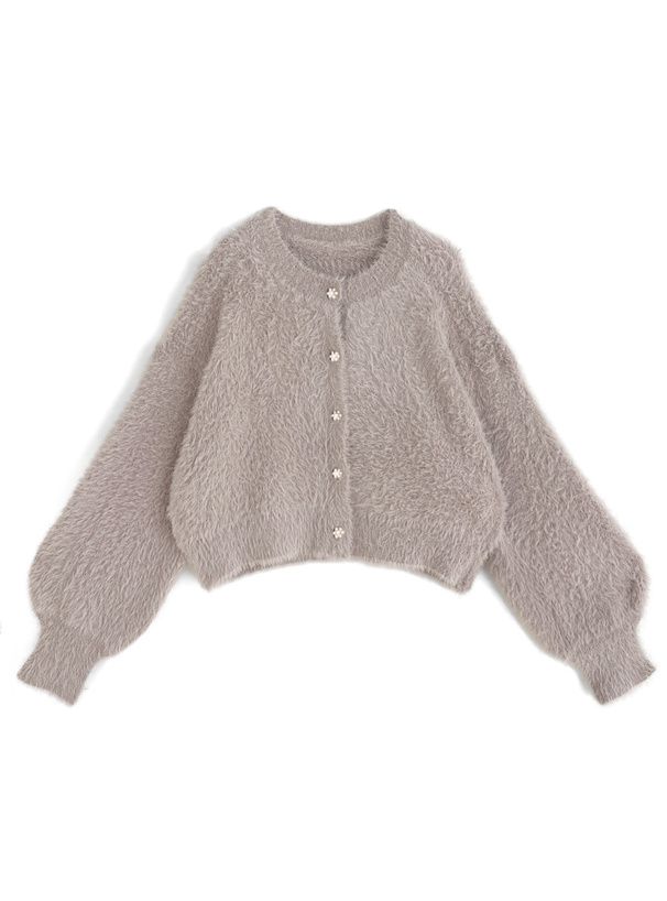 日本 GRL - 花朵珍珠釦毛絨外套-奶茶灰 (F)