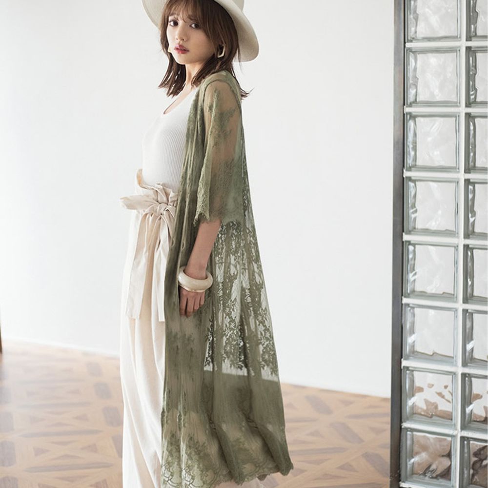日本 GRL - 仙氣蕾絲刺繡七分袖罩衫-青春綠