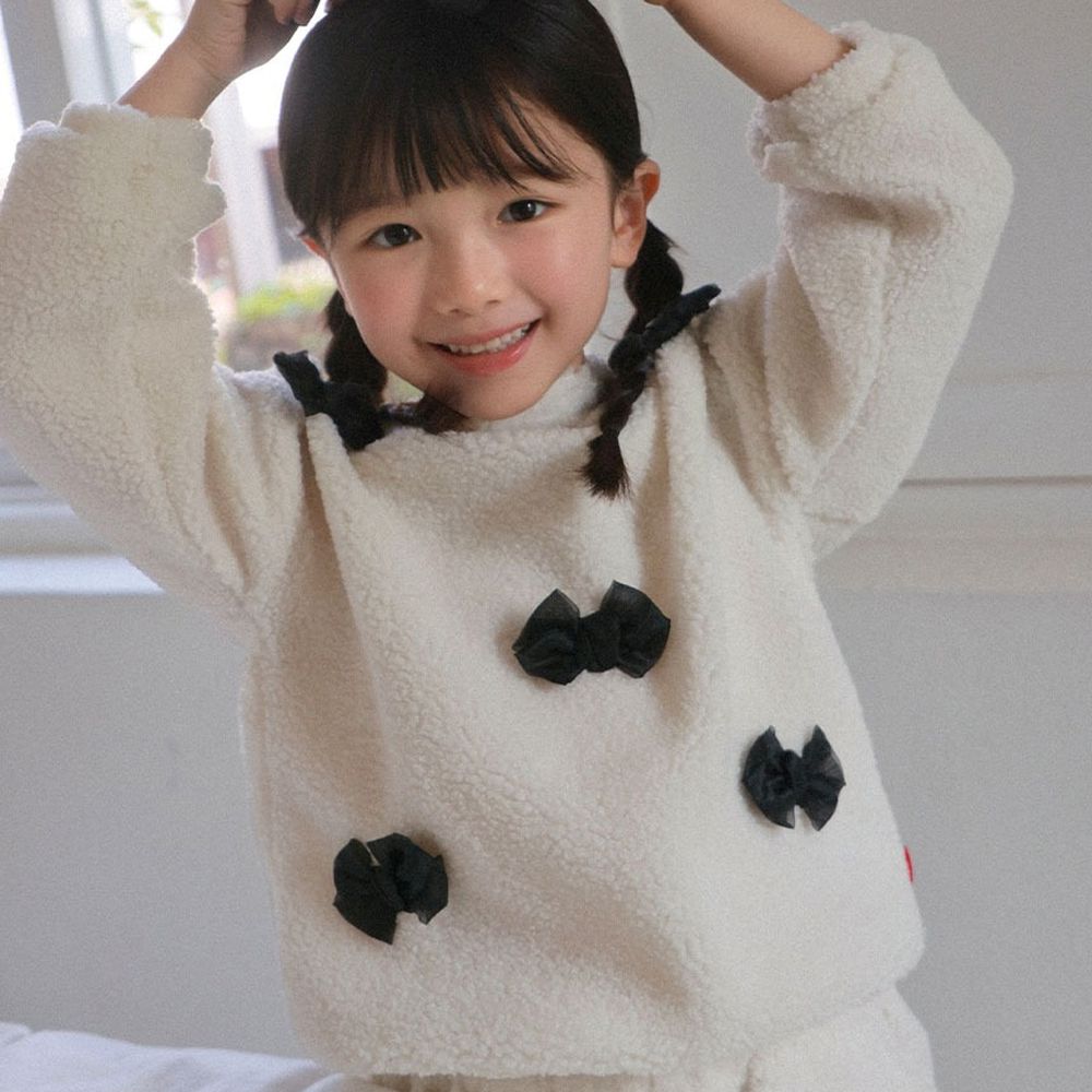 蝴蝶結點綴泰迪絨長袖大學T-米白