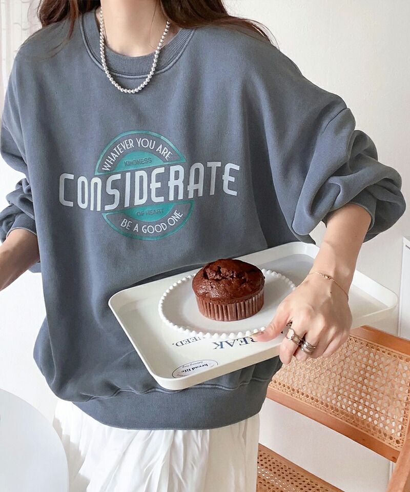 日本 Classical Elf - 水洗復古感印花寬鬆大學T-灰藍