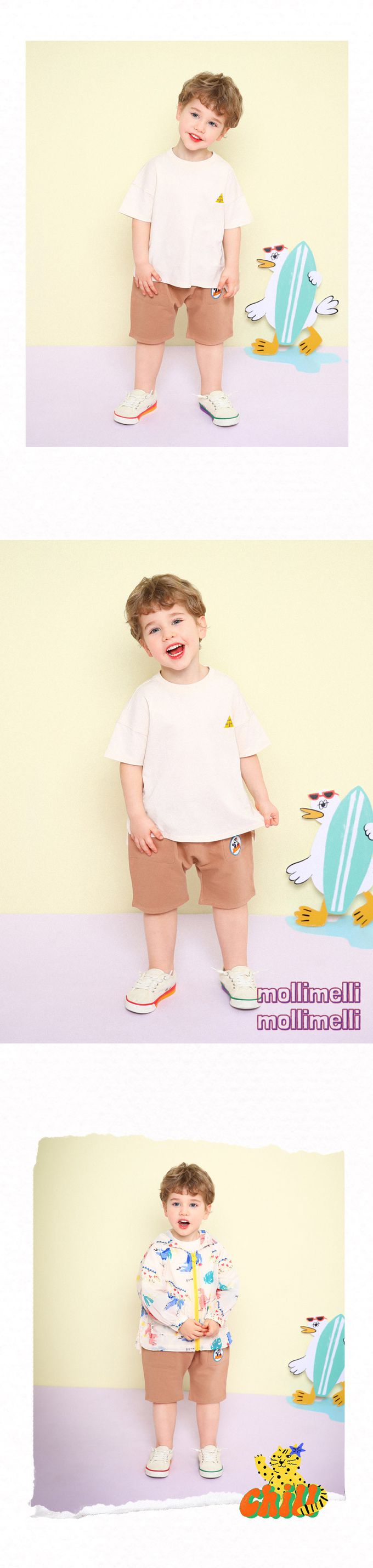 韓國 mollimelli - 鬆緊腰HOLA企鵝徽章短褲-卡其