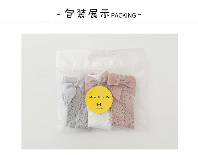 JB clothes - 三入一組-1102蝴蝶結網眼中筒襪-A款(黑白棕)