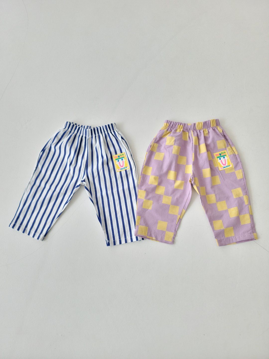 韓國 Mimico - 微笑徽章舒適純棉褲-紫格子