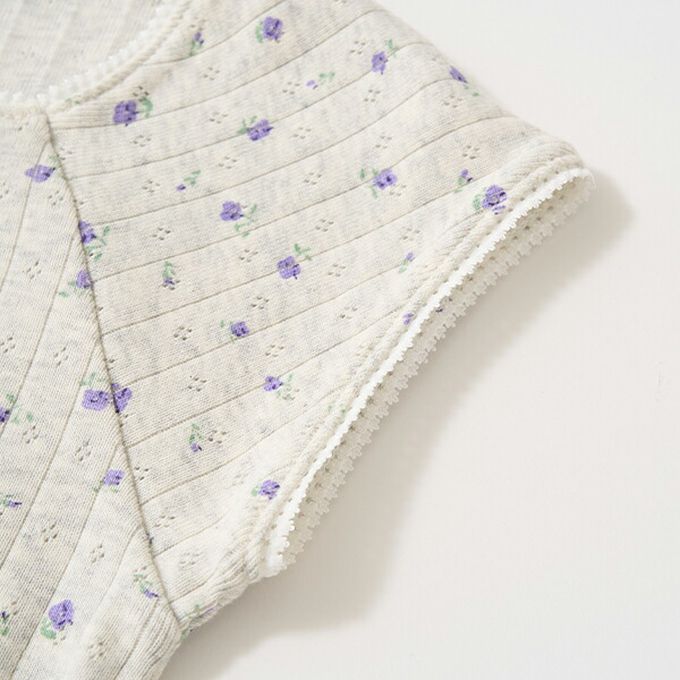 日本 Lycee mine - 100%棉 印花蕾絲滾邊短袖上衣-藍紫