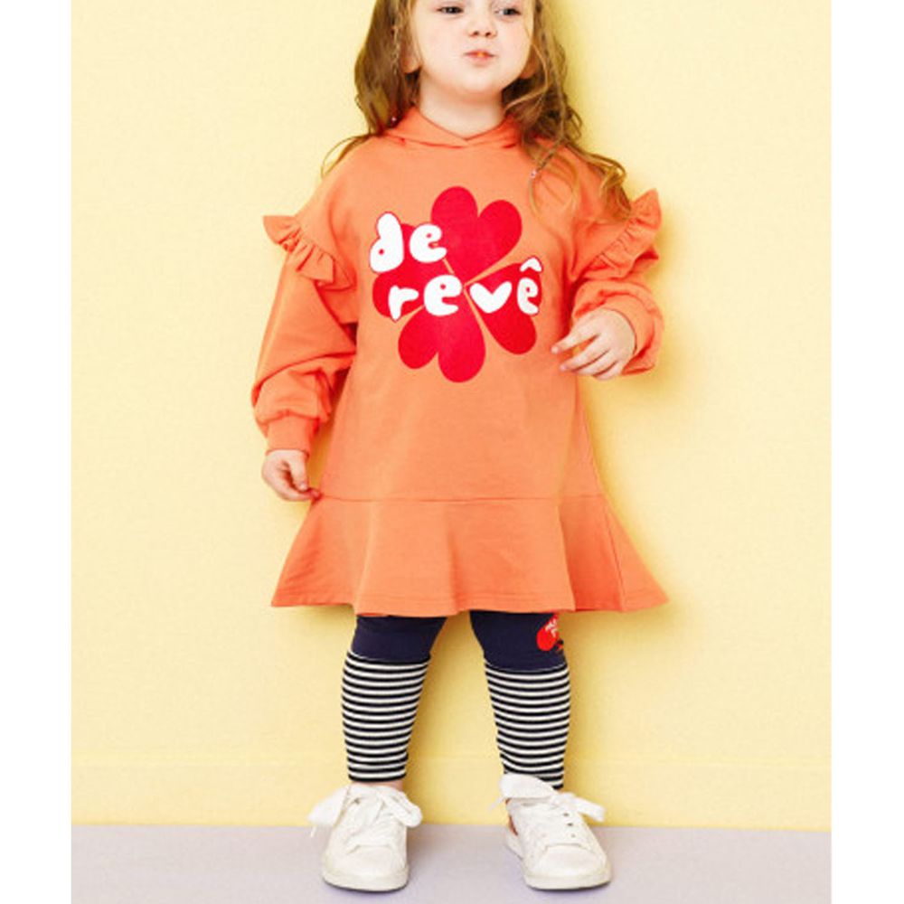 韓國 HEJMINI - 荷葉裝飾袖幸運草魚尾洋裝-橘