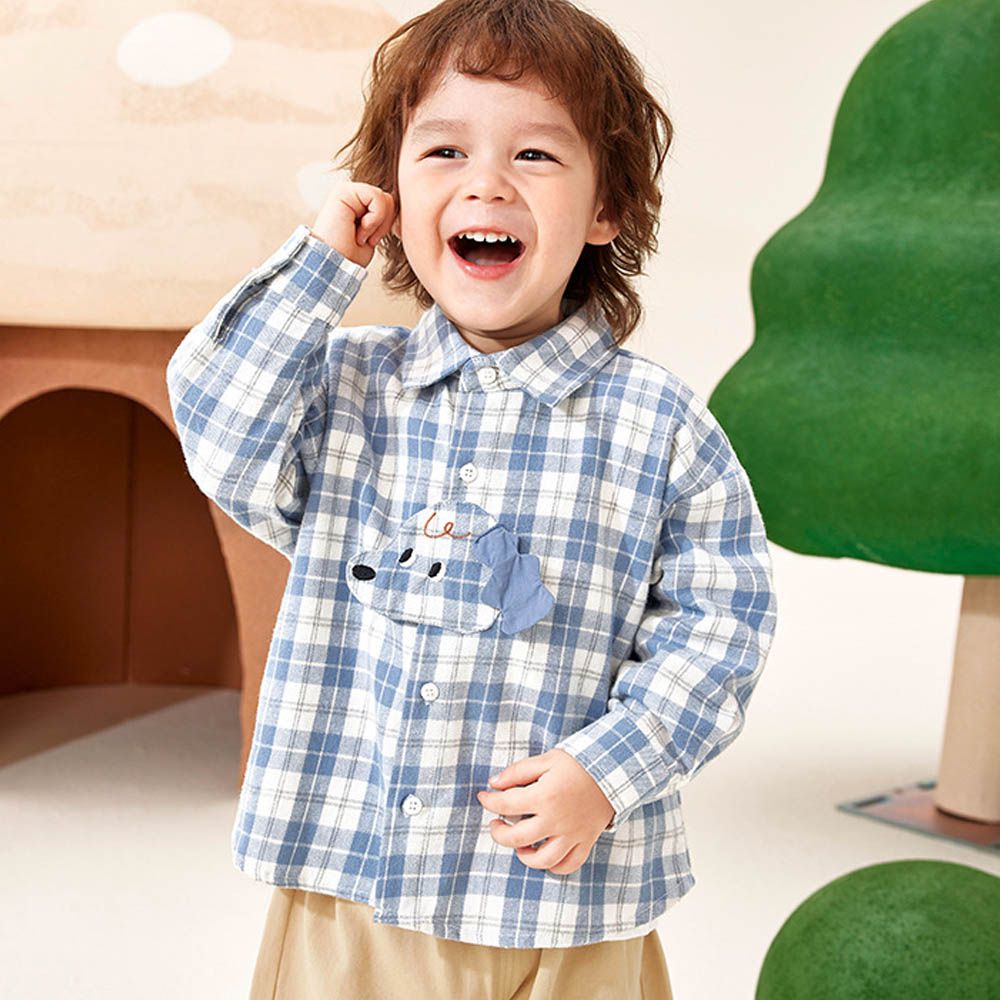 純棉格紋長袖襯衫-立體小狗-藍白色