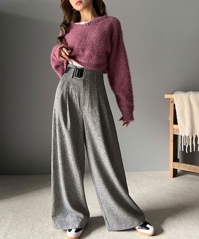 日本 Classical Elf - 腰帶造型粗花呢高腰美腿寬褲-淺杏