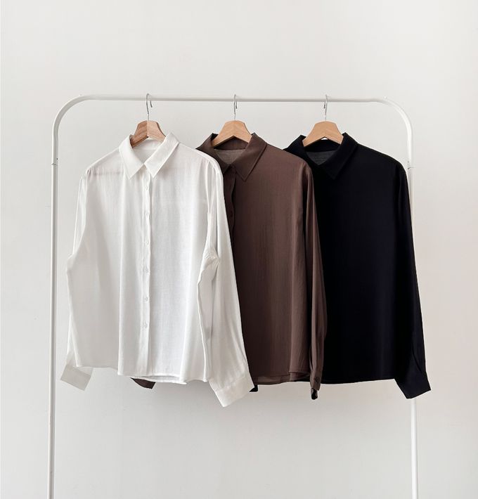 韓國女裝連線 - 質感薄透長袖翻領襯衫-白 (FREE)