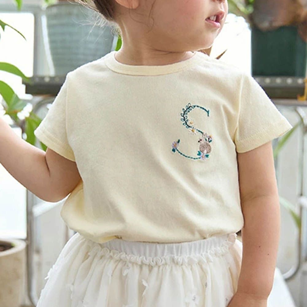 荷葉邊英文刺繡短袖上衣-S-鵝黃