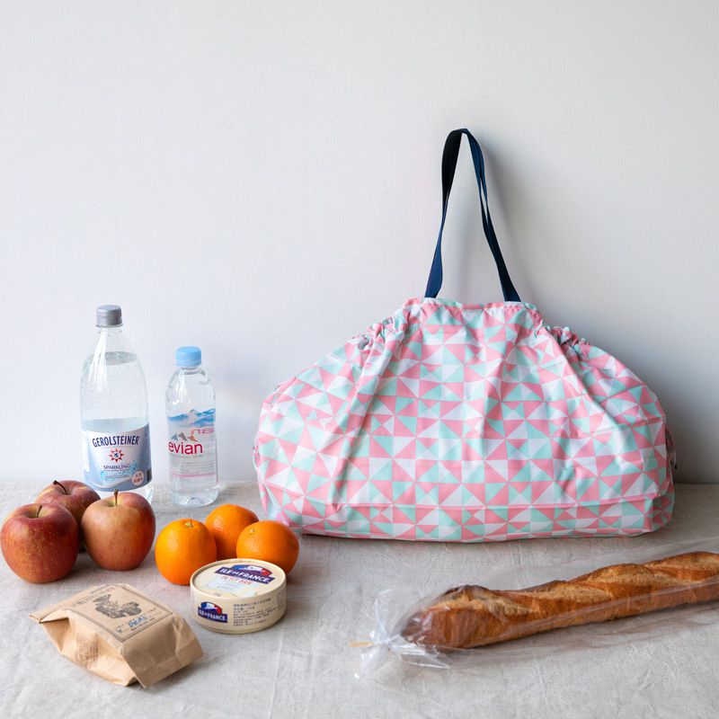 日本 MARNA - Shupatto 秒收摺疊購物袋(可掛購物籃)-粉色幾何 (L(50x38cm))-耐重15kg / 31.4L