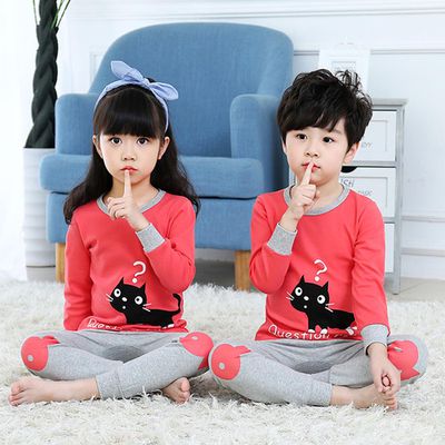 MONG - 純棉兒童長袖家居服套裝-問號貓貓-橘紅+灰