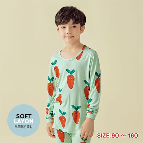 韓國 Unifriend - 純棉家居服-人造絲長袖款-綠底美味紅蘿蔔