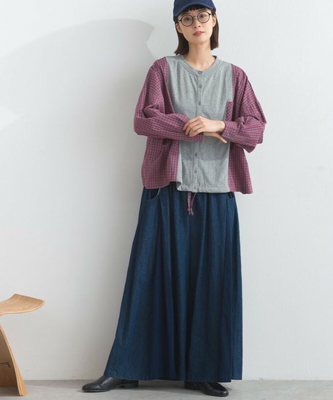 日本 Lupilien - 可愛格子拼接裏毛休閒襯衫-深灰x紅