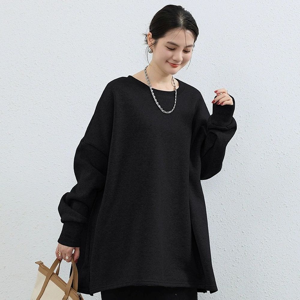 (內裡加絨)寬鬆廓形小開衩長袖上衣-黑 (F)