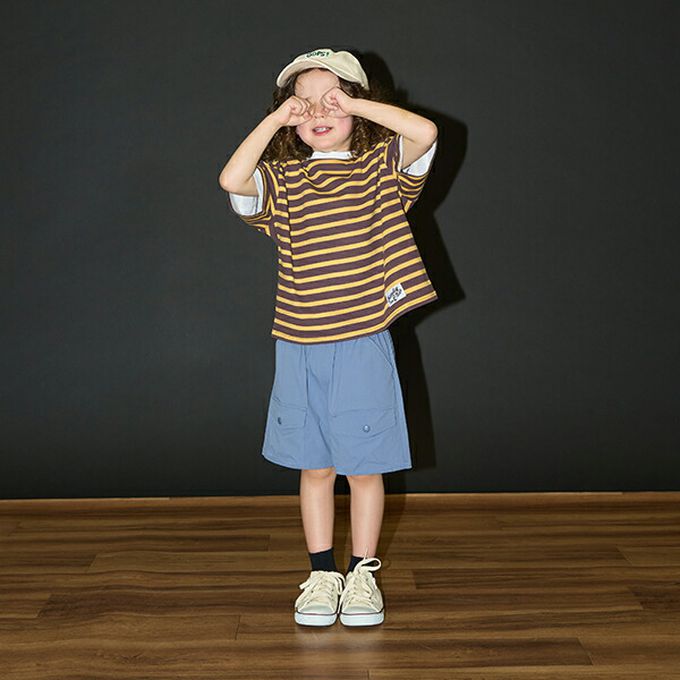 日本 b-ROOM - 柔軟不易皺條紋落肩短袖上衣-黃x棕