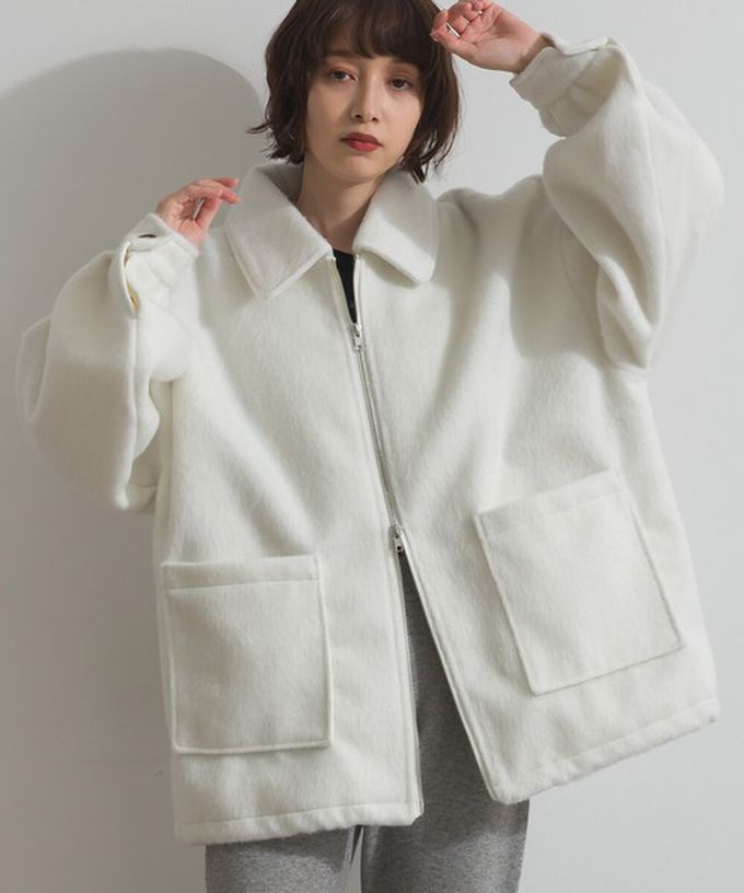 日本 ELENCARE DUE - 毛海感寬版雙拉鏈大口袋保暖外套-淺灰